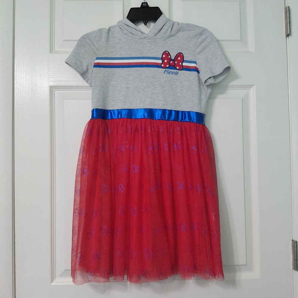 Disney Minnie Mouse Girls Gray Red Tutu Hooded Dress Ears Size XL 14